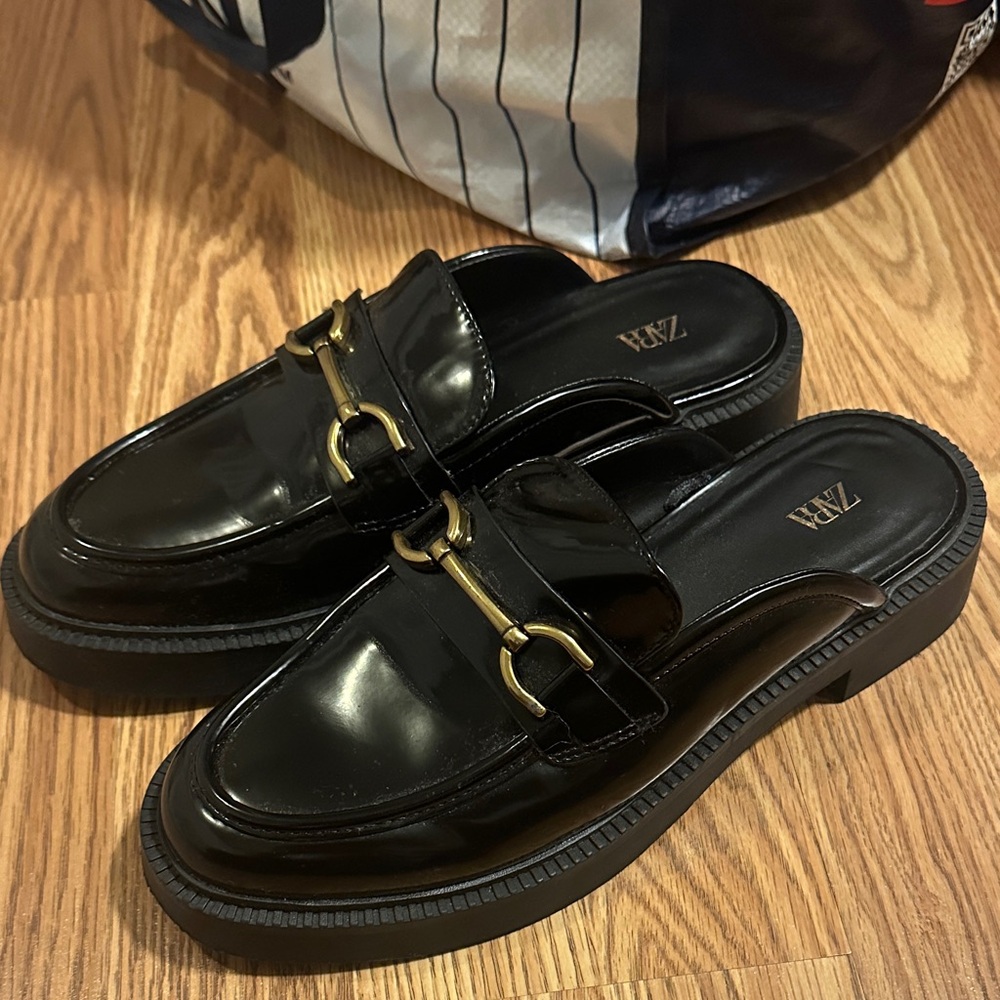 Zara Glossy Black Loafers with Gold Accent